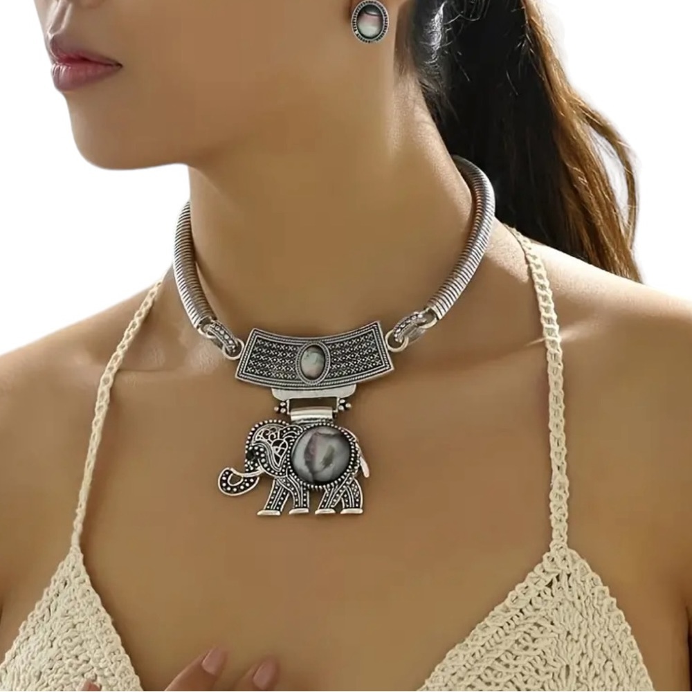 Silver Elephant Design Statement Piece Necklace with Earrings